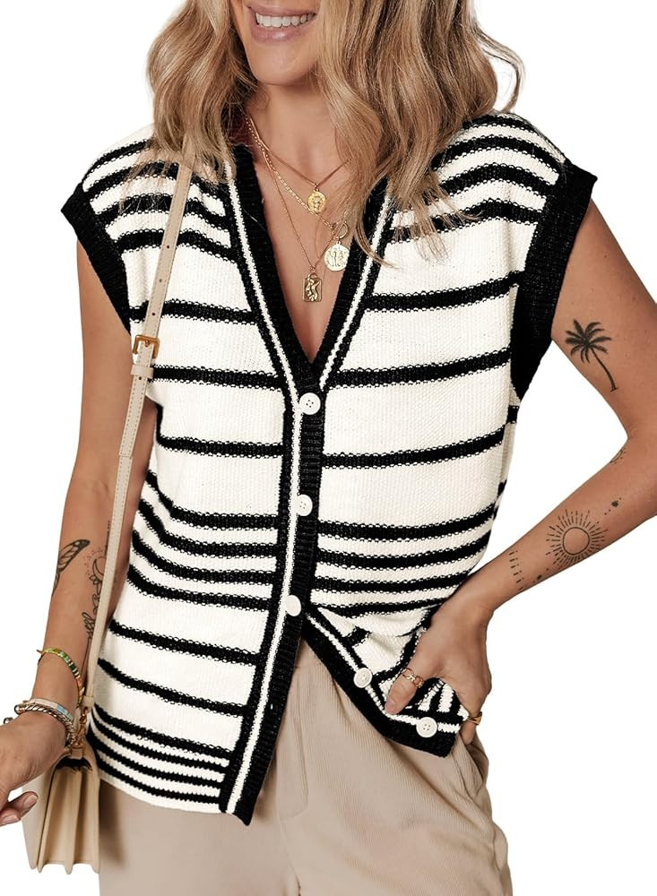 Dokotoo Sweater Vest Women Striped V Neck Button Vest for Women Vest Top Spring Cardigan Sweaters... | Amazon (US)
