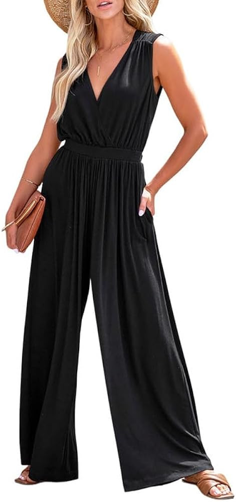 Dokotoo Sleeveless Jumpsuit V Neck Elegant for Womens Dressy Casual 2024 One Piece Romper Outfits | Amazon (US)