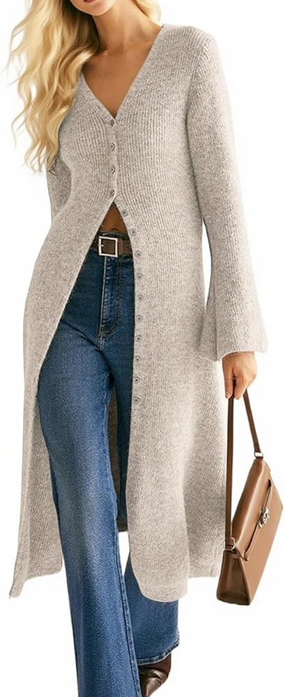 Womens Long Cardigan Sweaters Button Down Bell Sleeve Open Front Ribbed Knit Midi Dress Fall Tren... | Amazon (US)