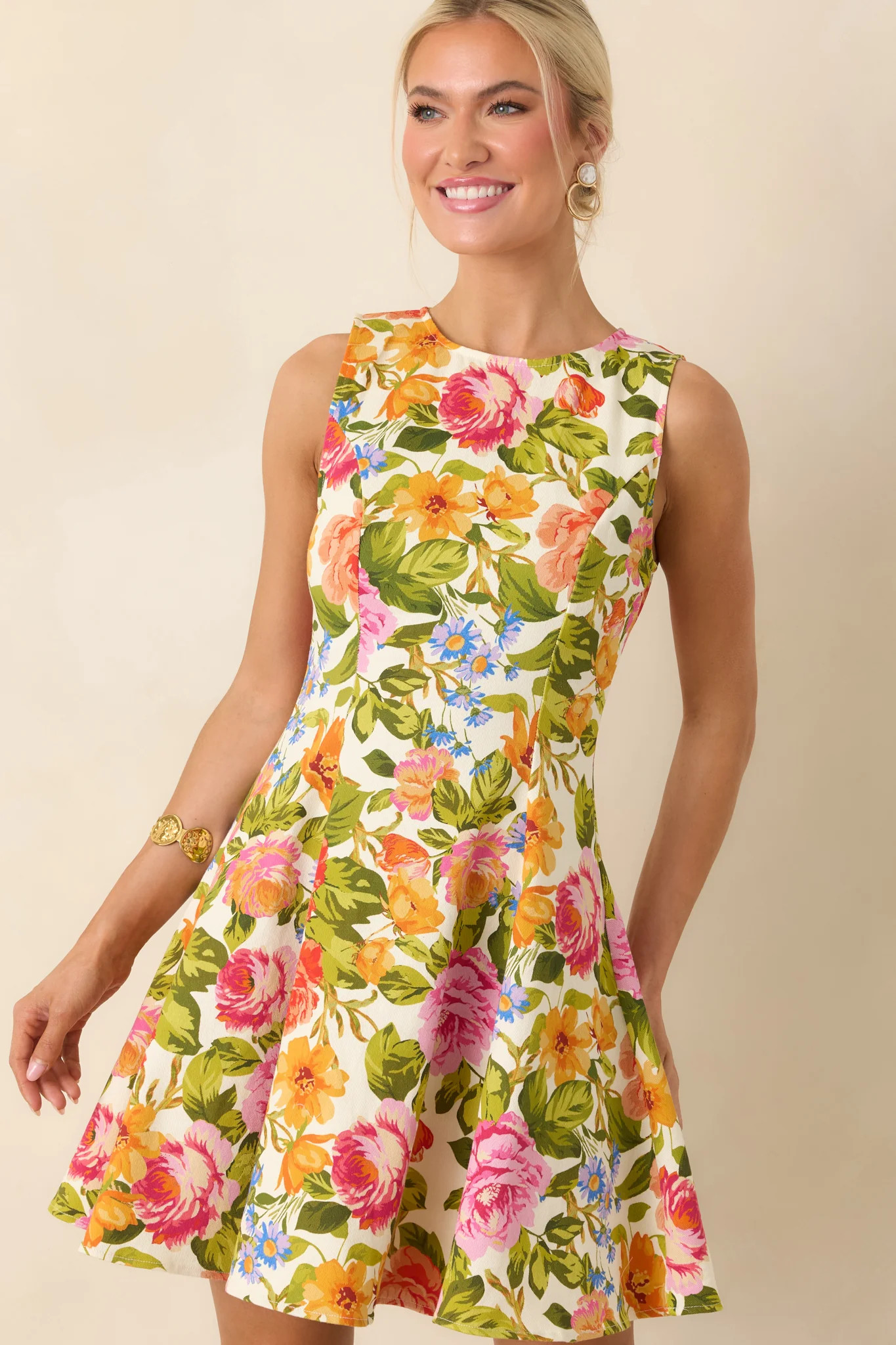 Blooming Bright Multi Floral Cotton Flared Sleeveless Mini Dress | Red Dress