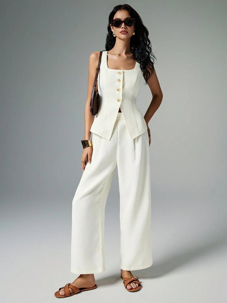 Poéselle White Tweed Pants Suit,2pcs Women Summer Solid Single-Breasted Vest And Wide-Leg Pleated Trouser Elegant Office Wear Set,Fall Women Clothes,Women Two Piece Sets,Two Piece Outfits,Business Casual Women,Business Women Clothes,Elegant Tweed Suit, Stylish, Comfortable Fabric, Old Money Style, Siren Office, Suitable For Daily Street, Commuting Wear, Poeselle | SHEIN