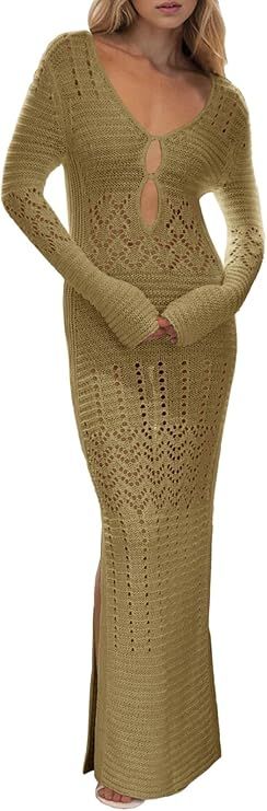 Saodimallsu Womens Crochet Coverups Sexy V Neck Cut Out Long Sleeve Mesh Cover Ups Side Slit Beac... | Amazon (US)
