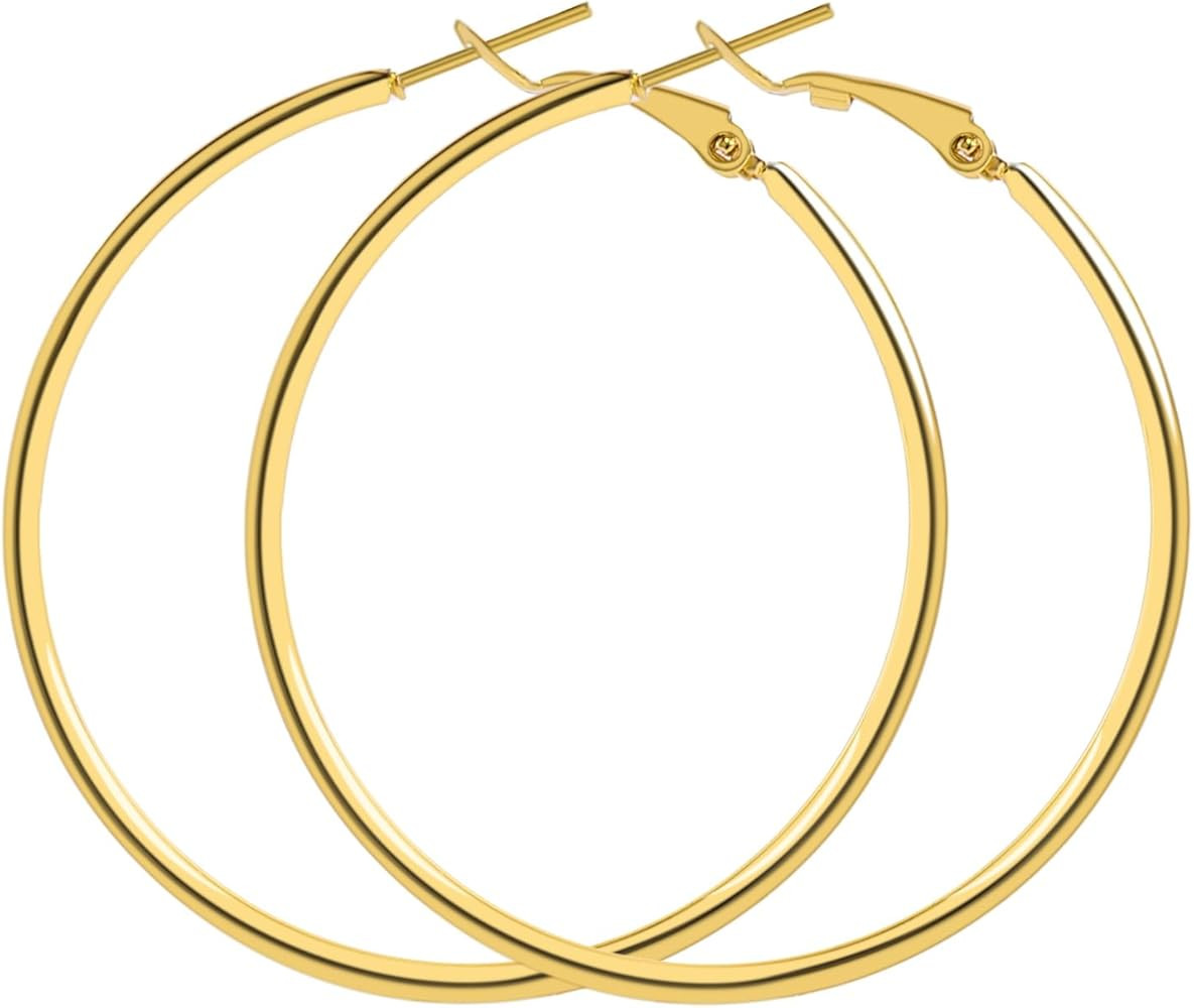 14K Gold Plated Hoop Earrings for Women, Hypoallergenic 50mm Lightweight Titanium Steel Hoops, Cl... | Amazon (US)