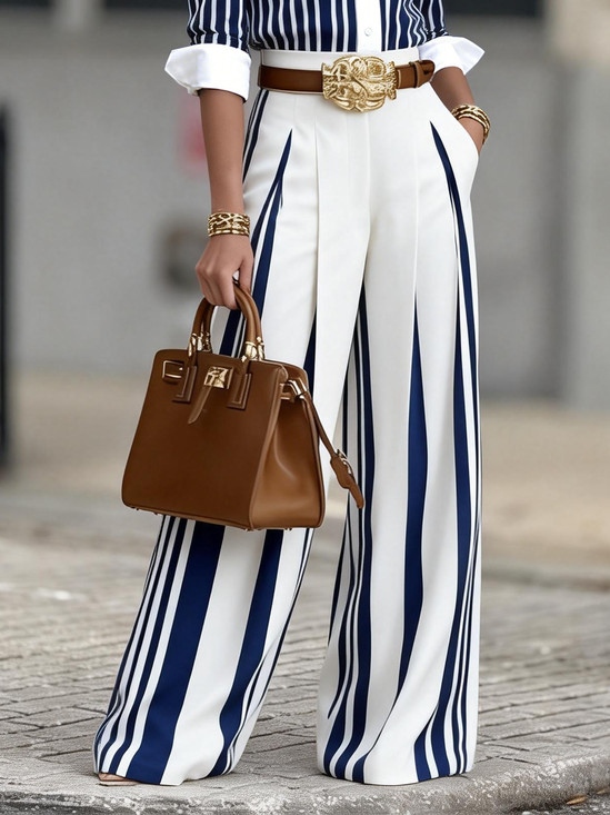 Urban Striped Straight Pants H-Line Natural Commuting Trousers | Stylewe