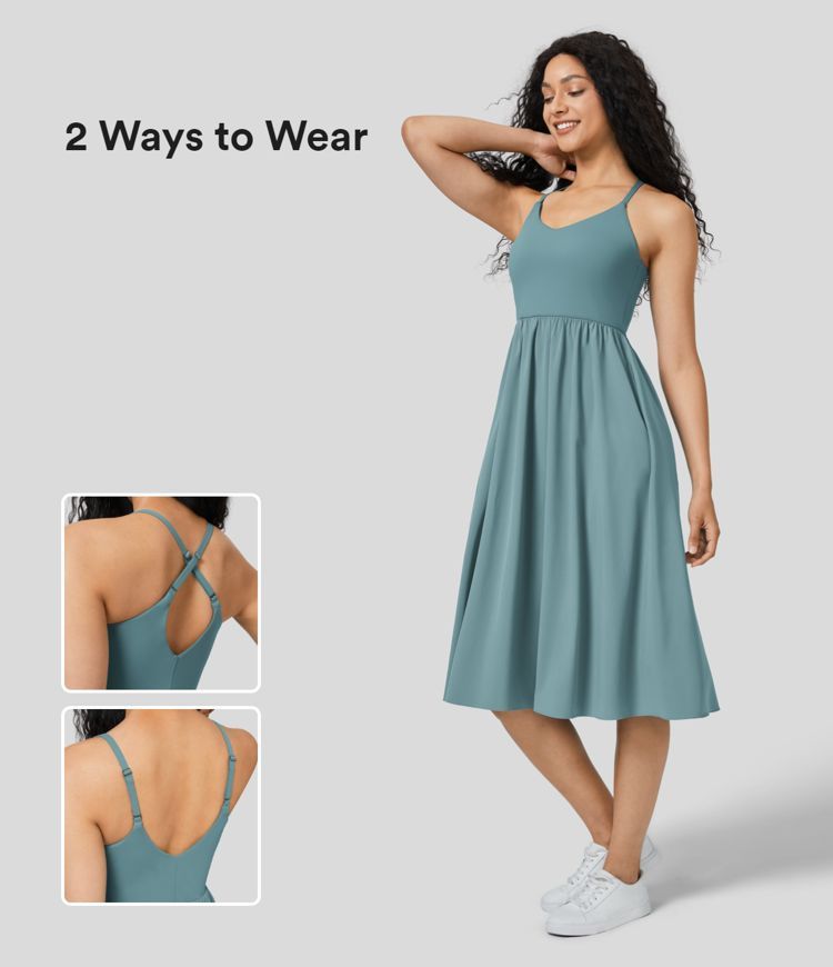 Breezeful™ Adjustable Strap Backless Pocket Flowy Midi Slip Quick Dry Dance Active Dress | HALARA