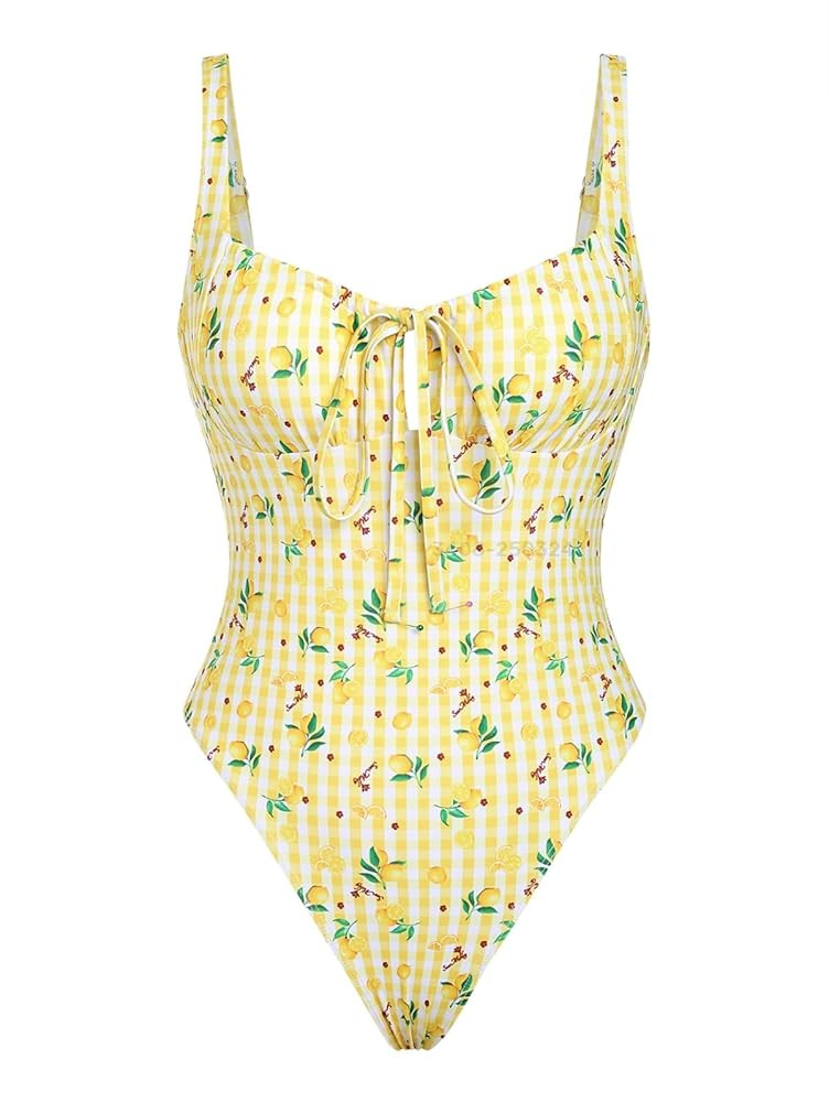 seamoly Blue Gingham Tie Around Criss Cross Backless Plunging Neck One-Piece Swimsuit | Amazon (US)