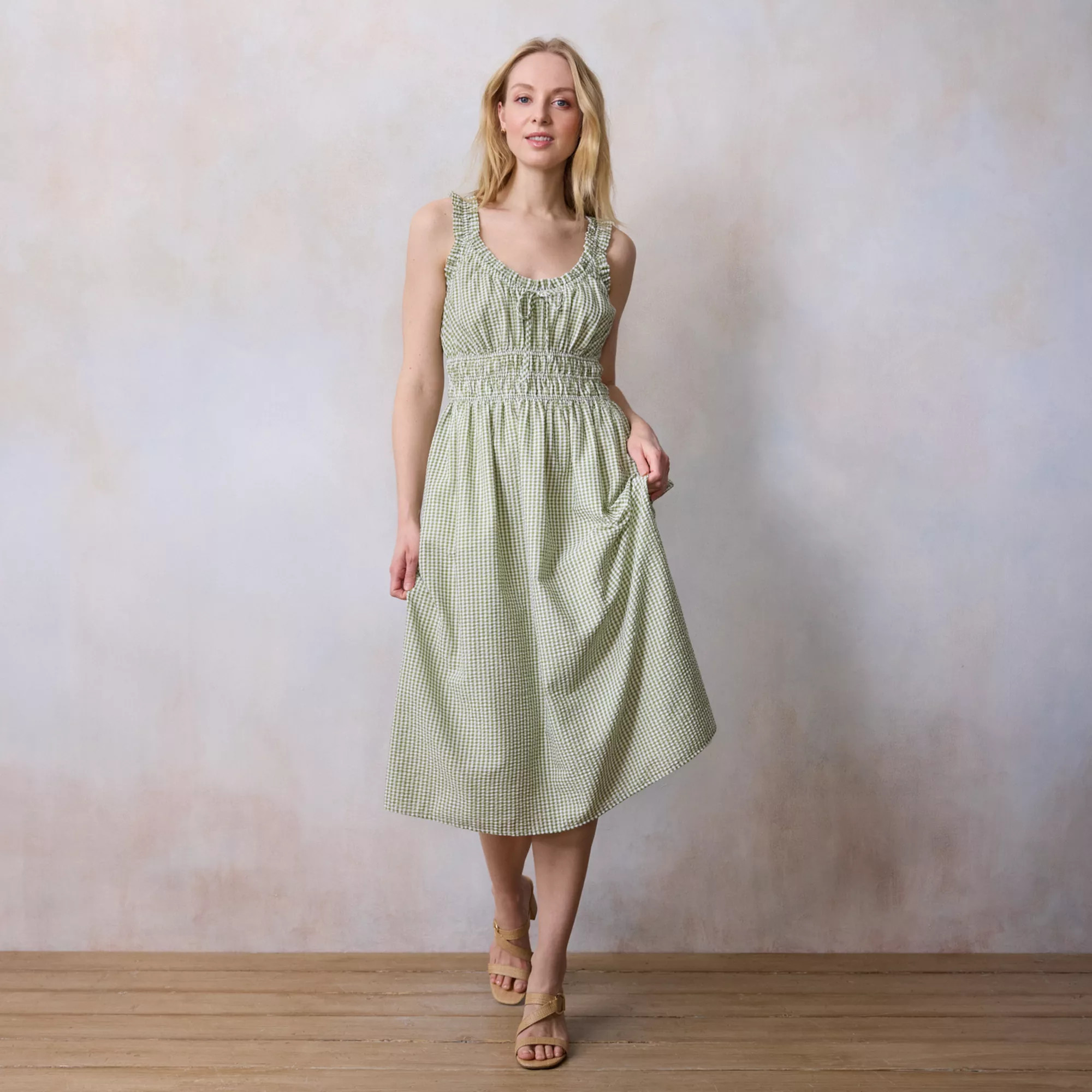 Women's LC Lauren Conrad Shirred Bodice Ruffle Strap Midi Dress | Kohl's