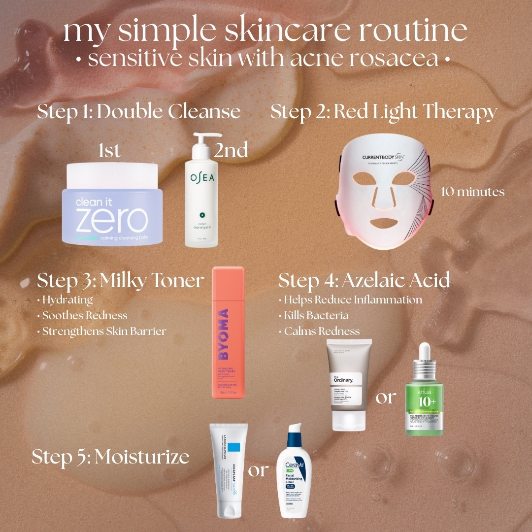 My simple 5 step nightly skincare routine as someone who has acne rosacea. 🧴🪞✨  #skincare #skincareroutine