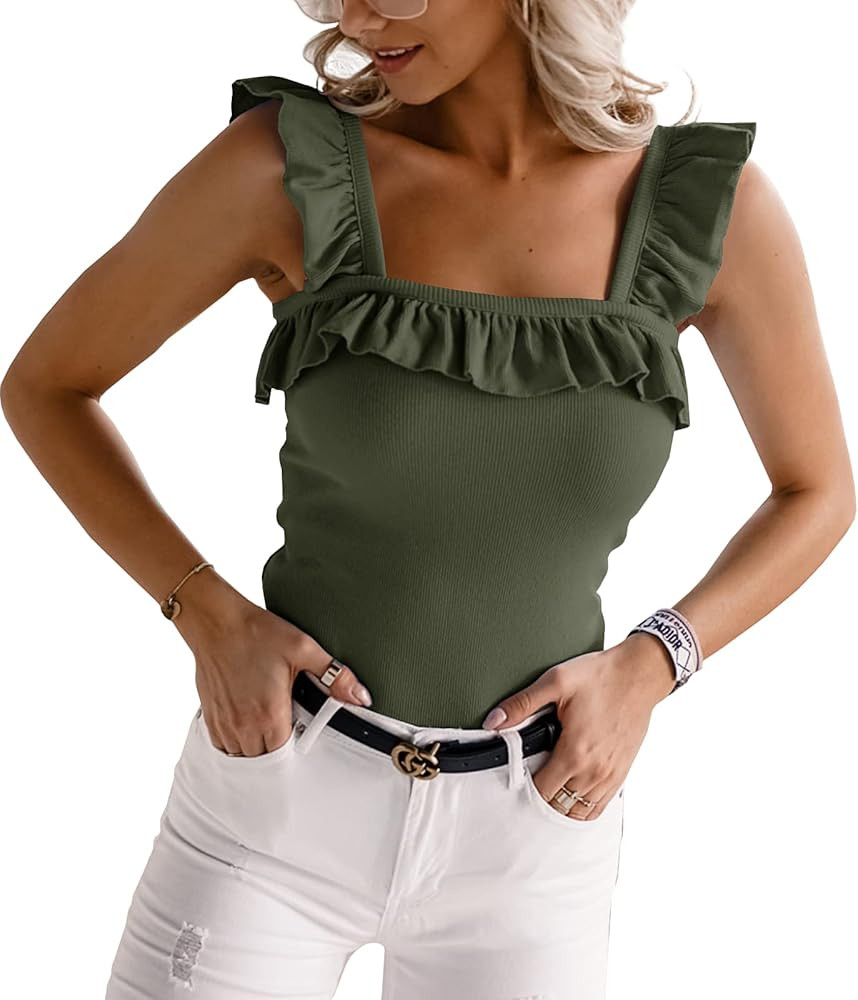 Womens Cute Sleeveless Tank Tops Ruffle Strap Square Neck Blouse Solid Color Knitted Camisole | Amazon (US)