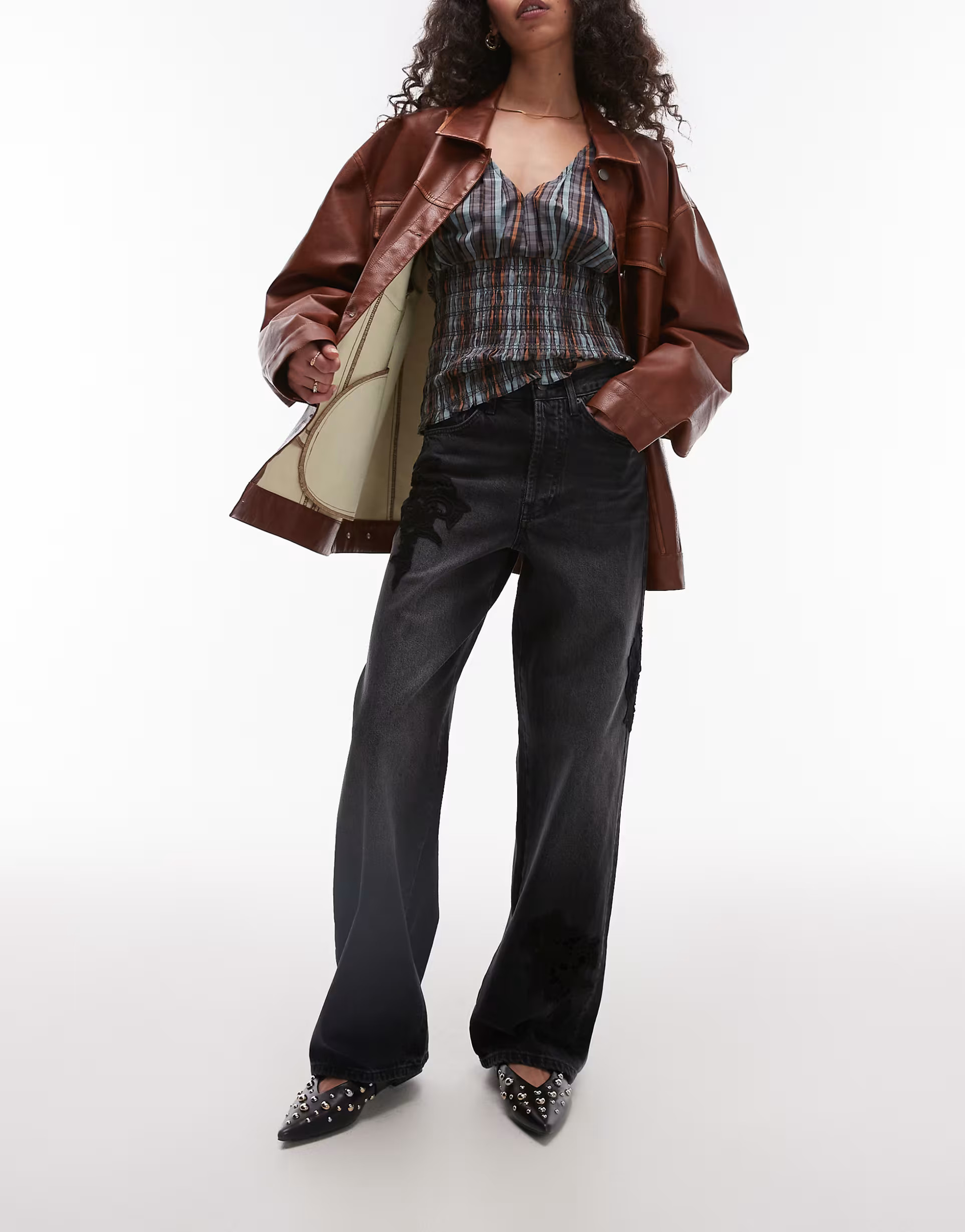 Topshop mid rise loose fit straight jean with lace detail in black | ASOS | ASOS (Global)