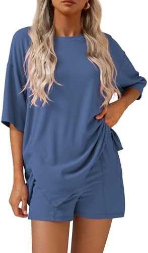 KIRUNDO 2 Piece Sets for Women Summer Lounge Sets Casual Oversized Tshirts Shorts Matching Airpor... | Amazon (US)