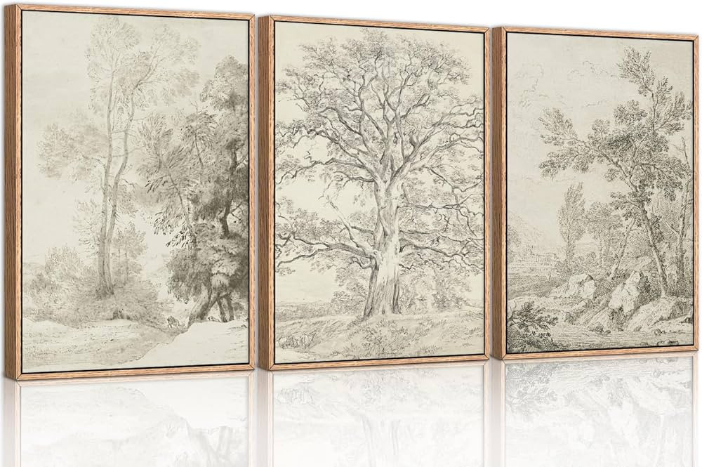 Ausril Large Vintage Sketchbook Framed Canvas Wall Art Set, Minimalist Tree Sketch Wall Decor, Ne... | Amazon (US)