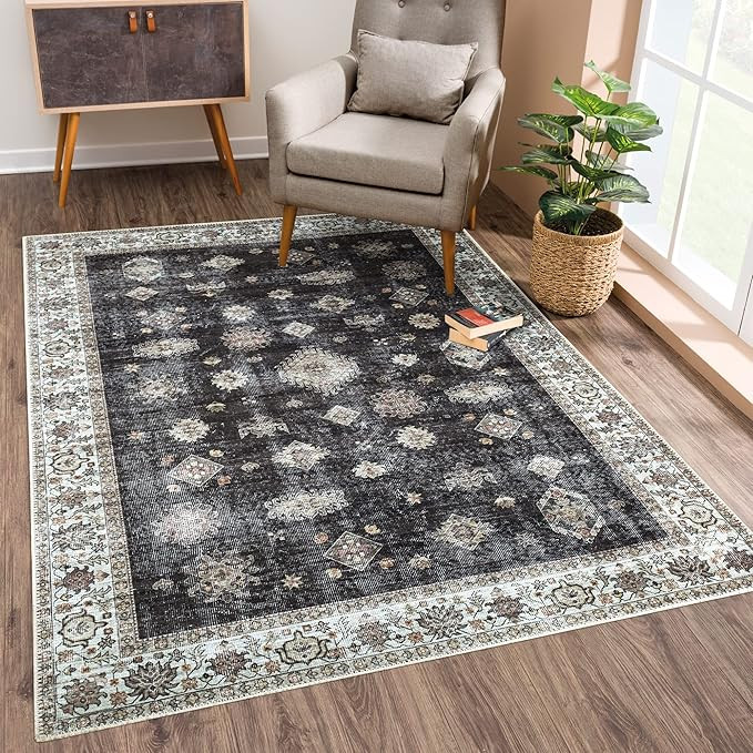 Bloom Rugs Washable Non-Slip 3' x 5' Rug - Black/Ivory Traditional Area Rug for Living Room, Bedr... | Amazon (US)