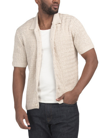 Short Sleeve Button Up Crochet Sweater Knit Top for Men | Cotton/Viscose | Marshalls