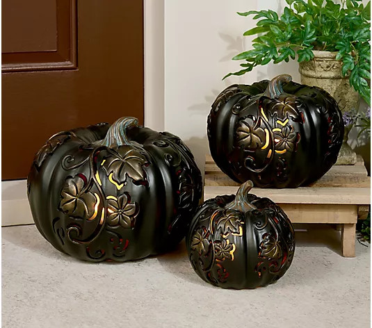 3-Piece Indoor/ Outdoor Flicker Flame Stacking Pumpkins by Valerie | QVC