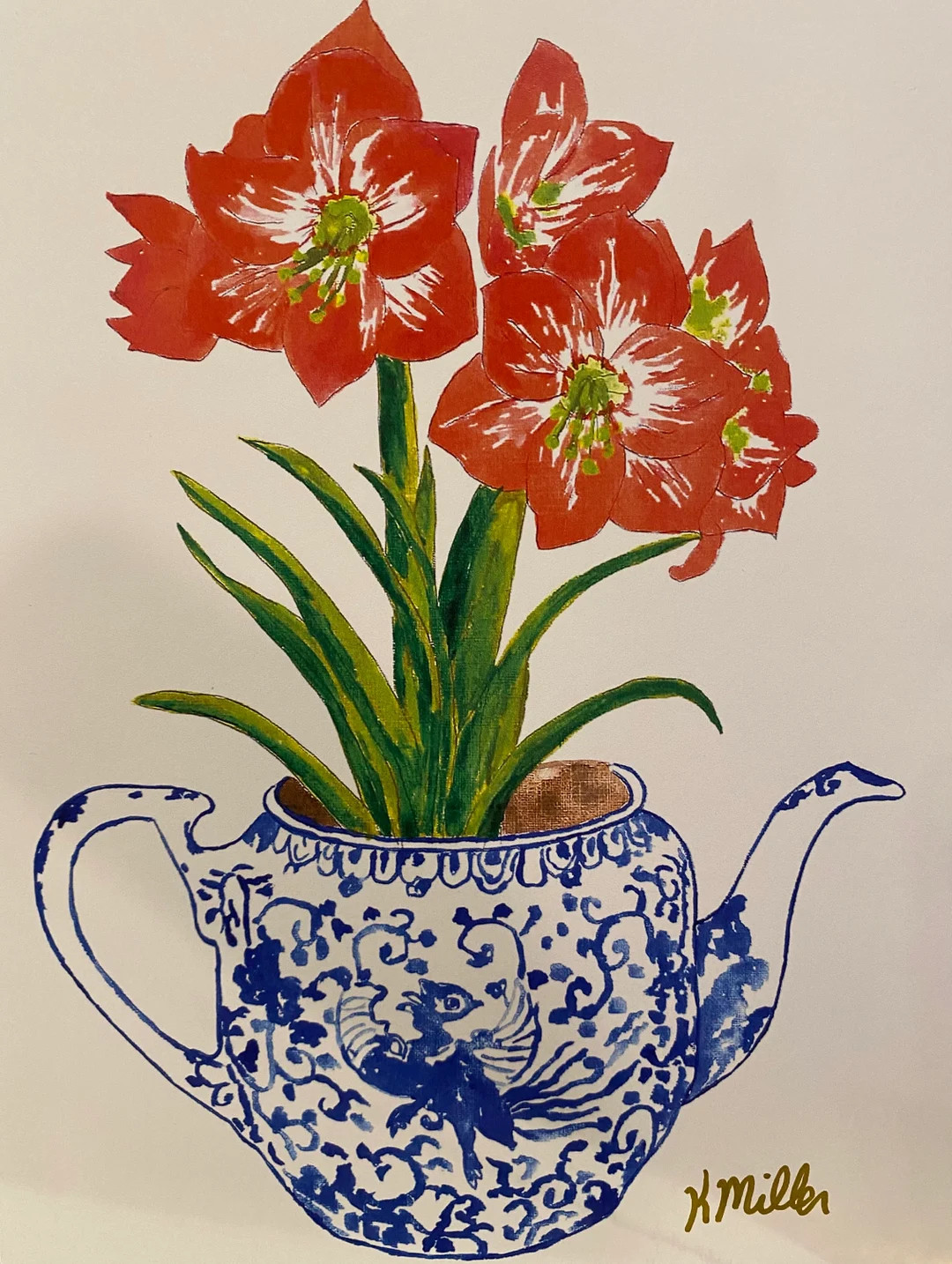Chinoiserie Christmas Amaryllis Print: Blue and White Teapot Art (8x10) - Etsy | Etsy (US)