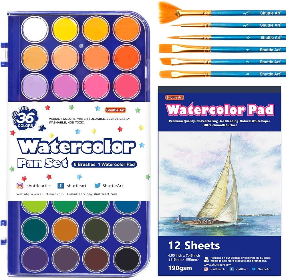 43 Pack Watercolor Paint Set, Shuttle Art 36 Colors Watercolor Paint Pan Set with 6 Brushes and 1... | Amazon (US)