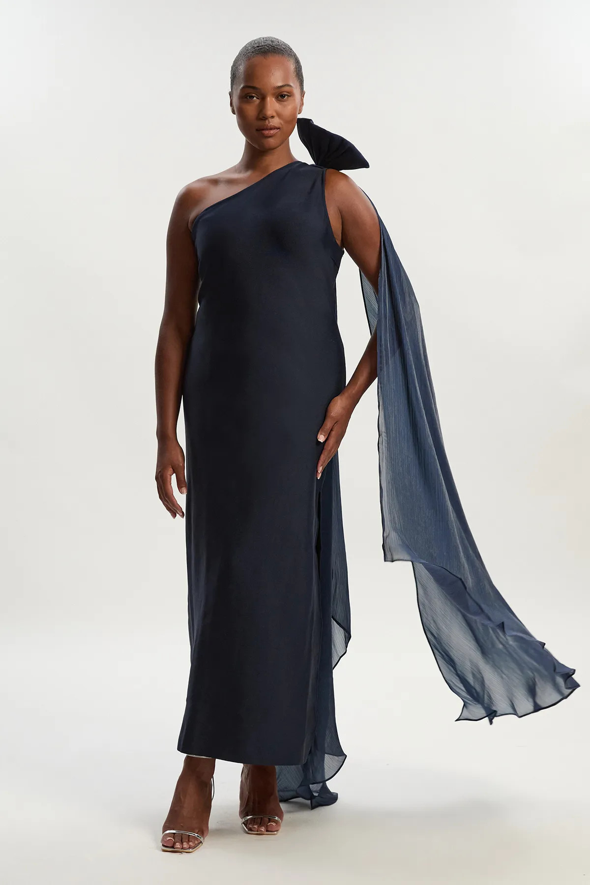 Navy Plus Size Bandage Figure Form Knit Woven Cape Detail Maxi Dress | Karen Millen | Karen Millen
