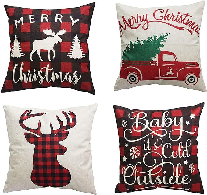 PSDWETS Christmas Pillow Covers Set of 4 Christmas Decorations Cotton Linen Winter Deer Christmas... | Amazon (US)