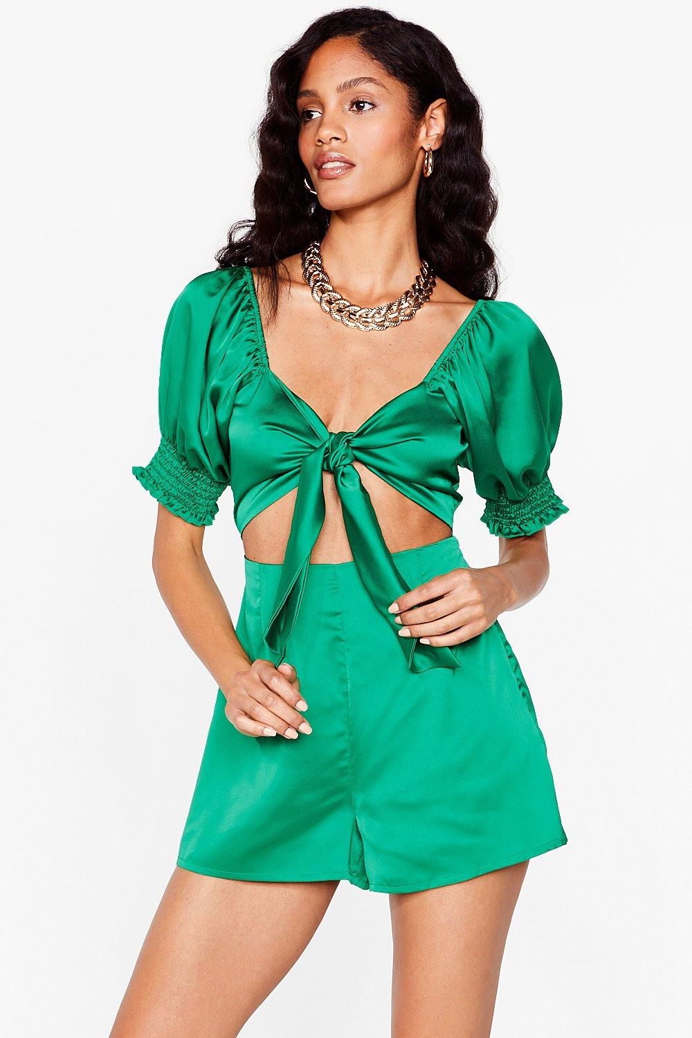 Satin Tie Front Puff Sleeve Romper | Nasty Gal (US)