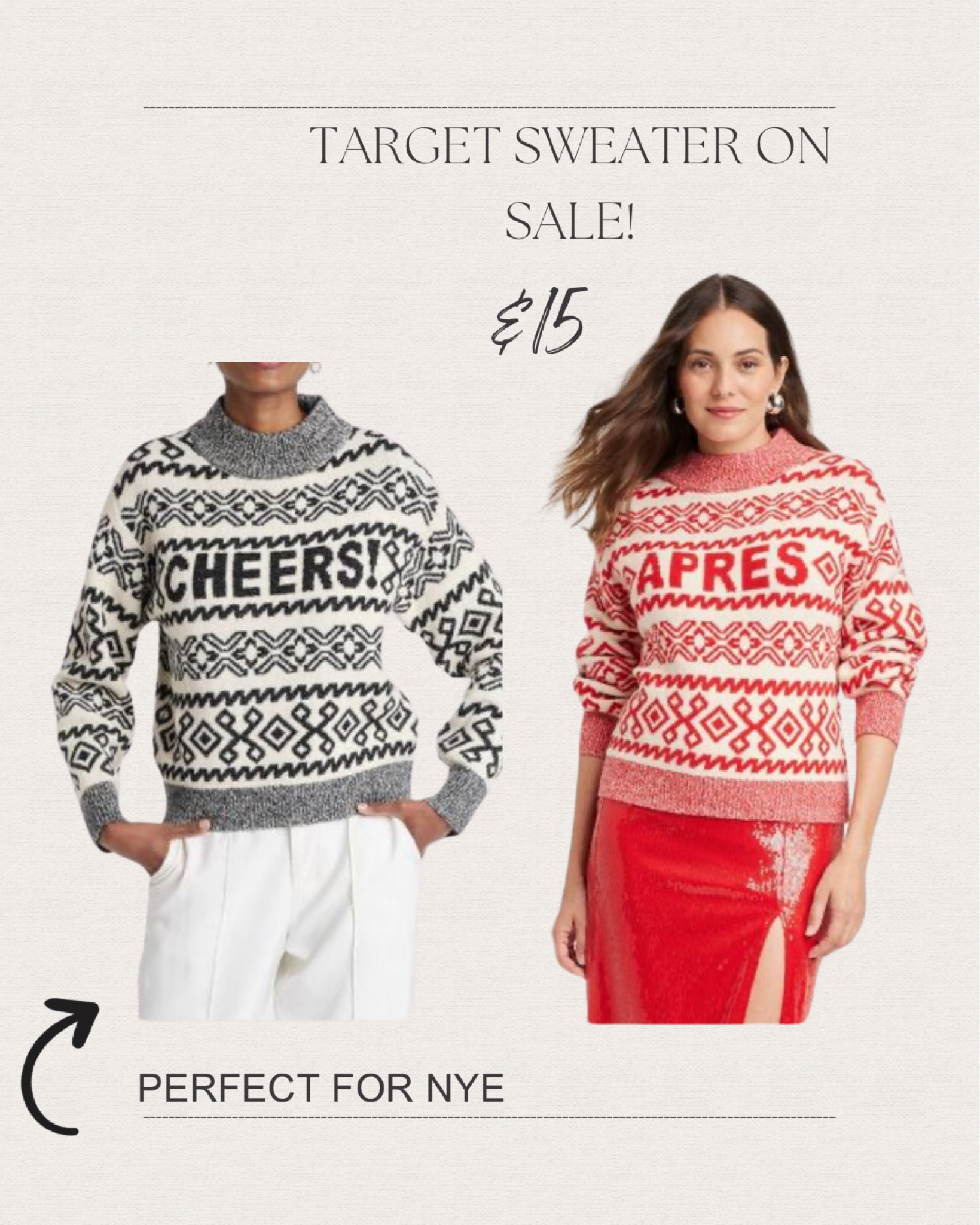 Women’s crewneck graphic pullover sweater- A new Day from Target. Comes in multiple colors/prints! On sale for $15!

Apres sweater, Cheers sweater, NYE outfit, Target sweater, Christmas sweater, holiday sweater 

#LTKHoliday #LTKsalealert #LTKSeasonal