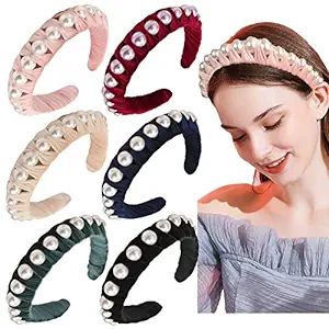 6 Pack Wide Headbands Plain Turban Headband with Faux Pearl Elastic Hair Hoops for Women Velvet H... | Amazon (US)