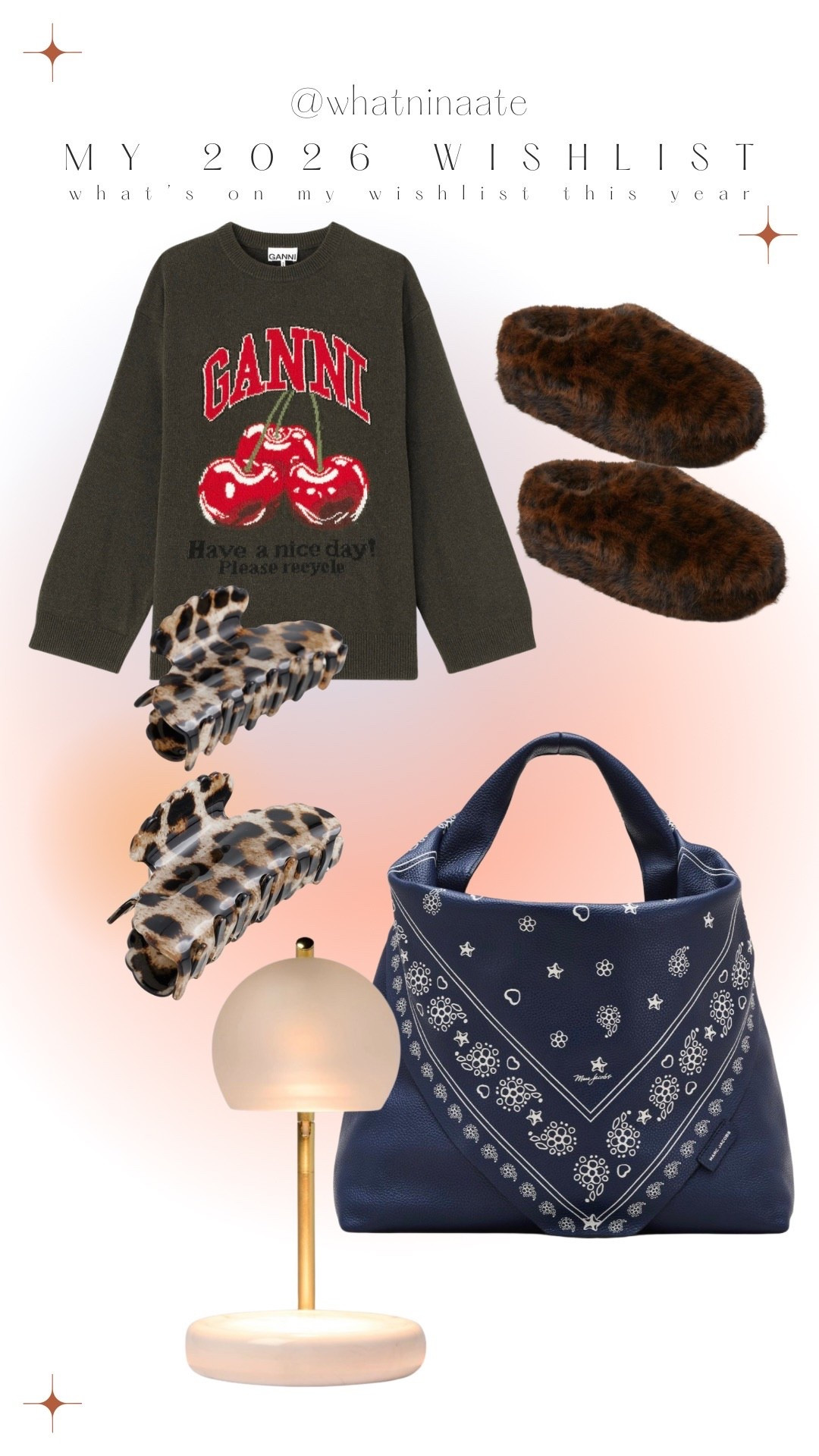 What’s on my 2026 Wishlist: Marc Jacob’s Bandana shoulder bag, Loeffler Randall leopard claw clips, Ganni Cherry Sweater, Target Candle Warmer Lamp, Target Leopard Slippers 

#LTKselfcare #LTKootd #LTKGiftGuide