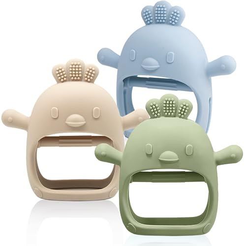 3 Packs Baby Teething Toy Silicone Teething Mitten for Babies Over 3 Months Anti Dropping Wrist Hand Teethers Baby Chew Toys for Sucking Needs, BPA Free (Olive, Caramel & Blue) | Amazon (US)