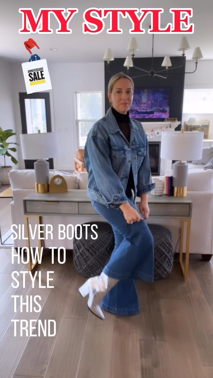 Nordstrom Anniversary Sale in stock items styled with the trendy silver boot. 

Silver boots can be paired with classic and timeless items in your closet for a chic, tasteful outfit addition. 

Steve Madden Silver boots - if in between sizes, size up. Great sale price, and this is a great version. 

Frame Flare jeans - very stretch, ultra high rise. Can size down! 

Levi’s 90’s denim jacket - fits oversized. In true size medium. 

Sheer black top - runs true to size

NSale
Fall trends
Style tip



#LTKxNSale #LTKSummerSales #LTKStyleTip