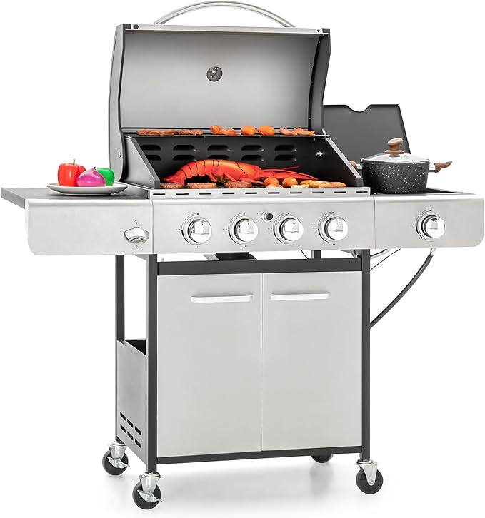 Captiva Designs 4-Burner Propane Gas BBQ Grill with Side Burner & Porcelain-Enameled Cast Iron Gr... | Amazon (US)
