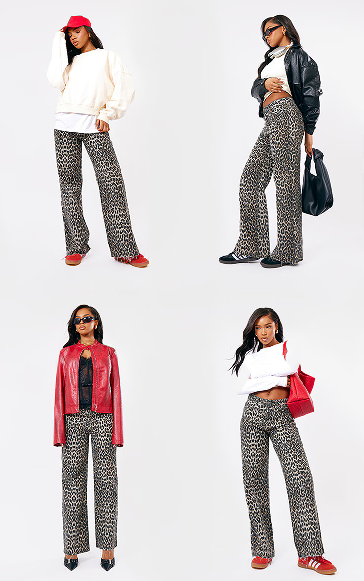 Brown Leopard Print Denim Wide Leg Denim Jean | PrettyLittleThing US