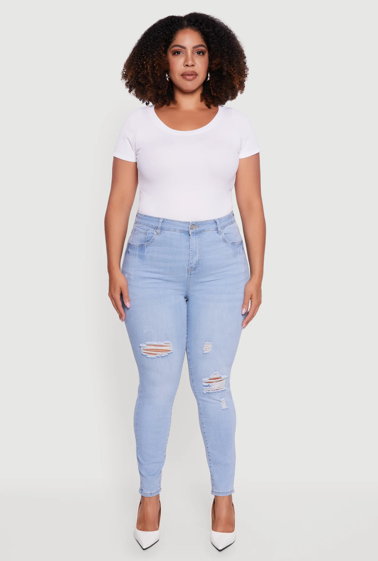 Plus Size High Waisted Distressed Stretchy Skinny Jeans | Rainbow Shops