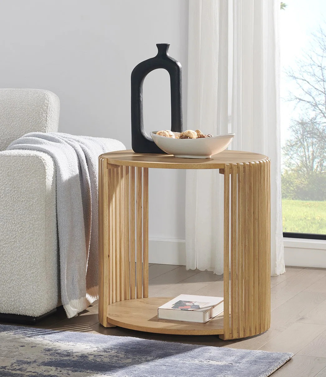 Estie Round Wood Slatted End Table With Open Shelf | Wayfair North America