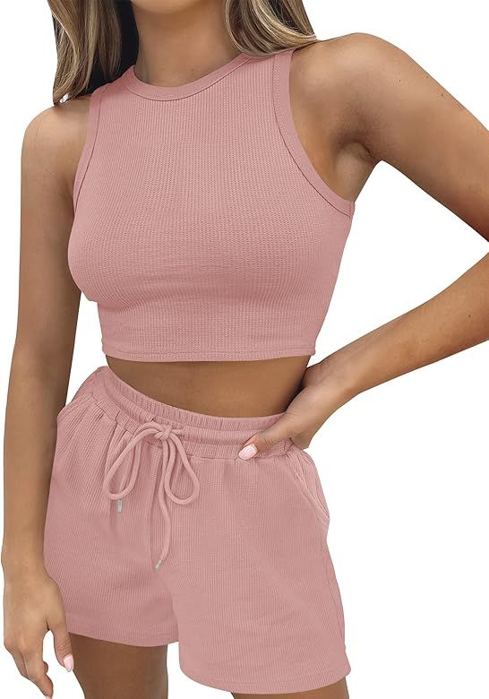 ZESICA Women's 2023 Waffle Knit Sleeveless Crop Top and Shorts Pullover Tracksuits Sweatsuits Lou... | Amazon (US)