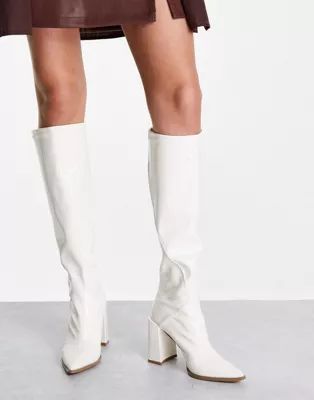 Glamorous knee-high heeled boots in white stretch patent | ASOS (Global)