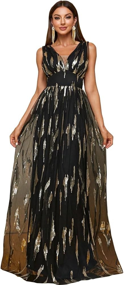 Giffniseti Women's 2024 Formal Dresses Sequin Mesh A-Line V-Neck Maxi Dress Evening Gown | Amazon (US)