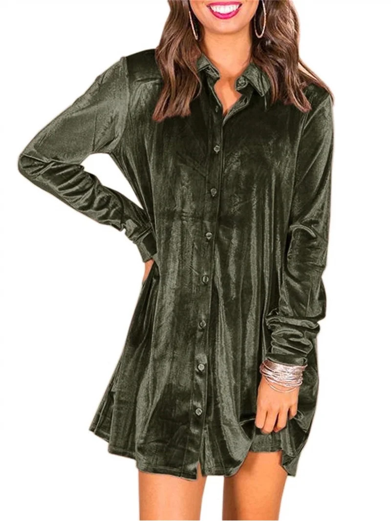 Womens Velvet Button Down T Shirts Swing Mini Dress Casual Long Sleeves Lapel Tunic Tops | Walmart (US)