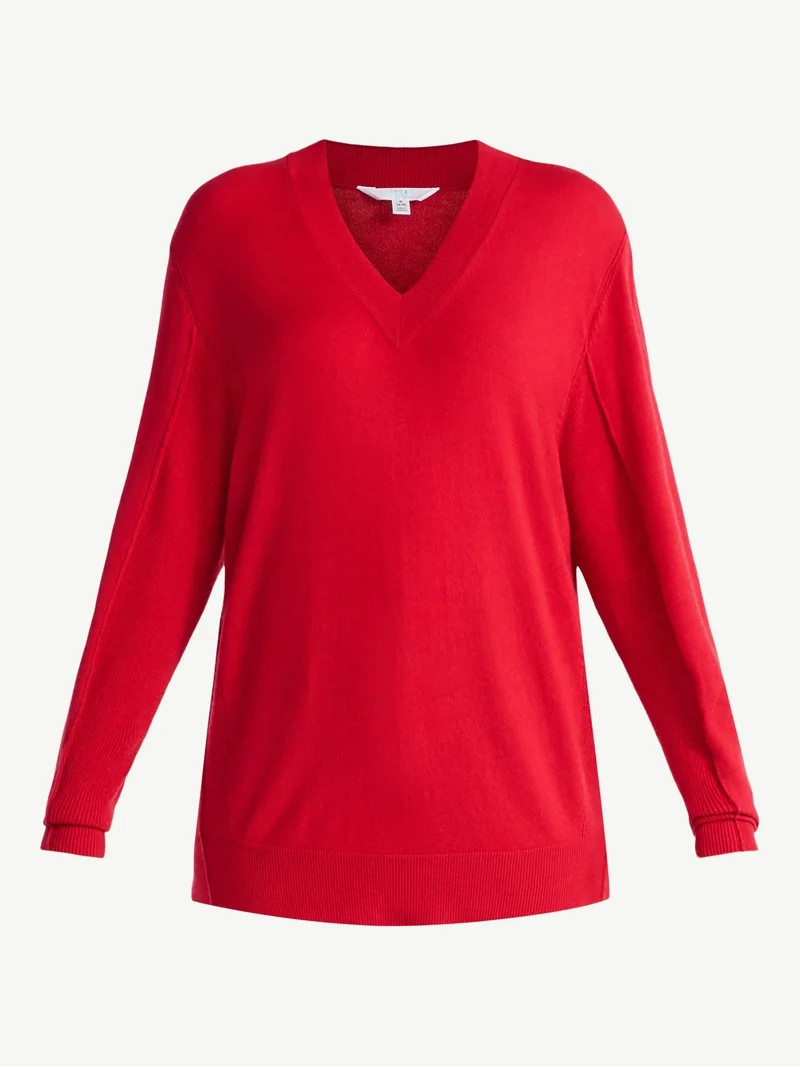 Time and Tru Women's Ribbed Panel V-Neck Sweater with Long Sleeves, Midweight, Sizes XS-XXXL - Wa... | Walmart (US)