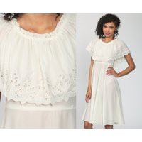 Bohemian Dress Cream Lace Babydoll 70S Peasant Boho Empire Waist 1970S Vintage Midi Eyelet Cutout Fl | Etsy (US)