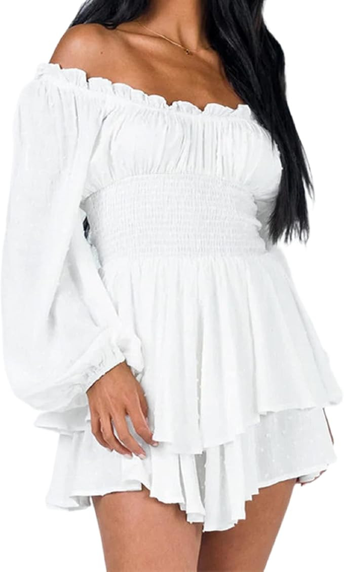 NUFIWI Women Boho Off Shoulder Jumpsuit Long Sleeve Ruffle Chiffon Romper Tie Waist Short Jumpsui... | Amazon (US)