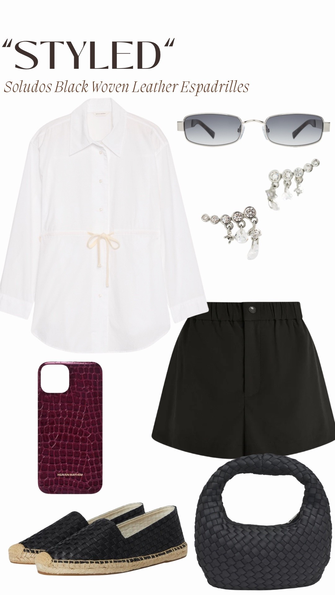 “Styled”
Soludos Black Woven Leather Espadrilles

Black Mid Rise Short: Varley (Nila Short)
White Cotton Poplin Drawstring Waist Tunic: Banana Republic
Merlot Croc Embossed Phone Case: Heaven Mayhem
Black Woven Hobo Bag: Sol and Selene (Dare to Dream Bag)
Silver Grey Sunglasses: Lyndon Eyewear (Shores Sunglasses)
Silver Climber Earrings: Anthropologie (Gilded Dewdrop Earrings)

#LTKootd #LTKSeasonal #LTKOver40
