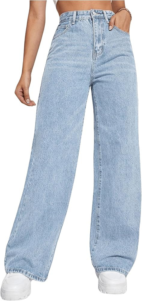 MakeMeChic Women's Casual High Waisted Wide Leg Jeans Denim Pants | Amazon (US)