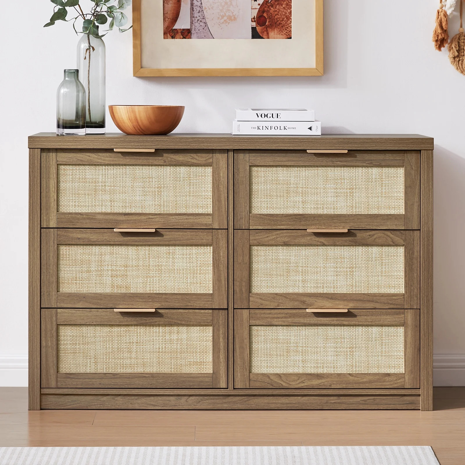 OAKHAM 6 Drawer Dresser, Rattan Wide Chest of Drawers for Bedroom Living Room, Special Walnut | Walmart (US)