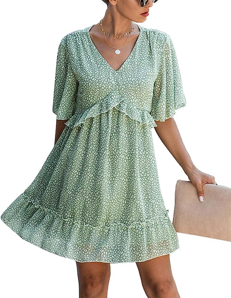 KIRUNDO Summer Women’s Floral Ruffle Hem Mini Dress Short Sleeves V Neck High Waist Loose Boho ... | Amazon (US)