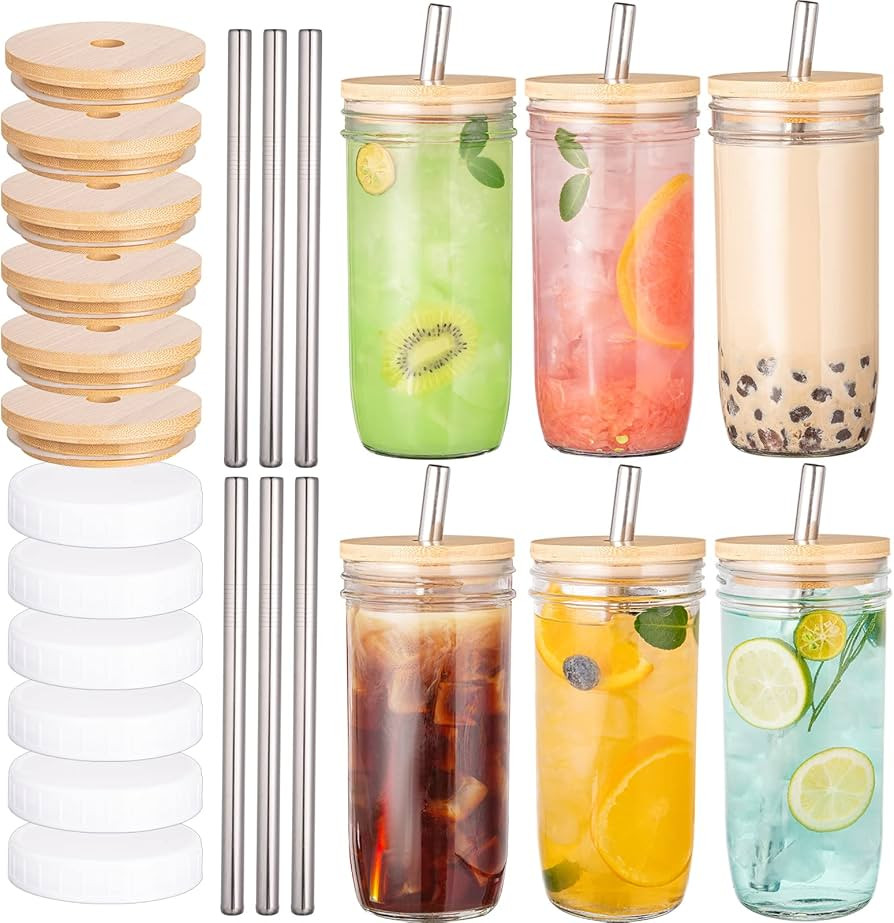 Facilfeliz 6 Pack Bubble Tea Cup, 24oz Iced Coffee Cups, Mason Jar with Bamboo Lids & Straws & 6 ... | Amazon (US)