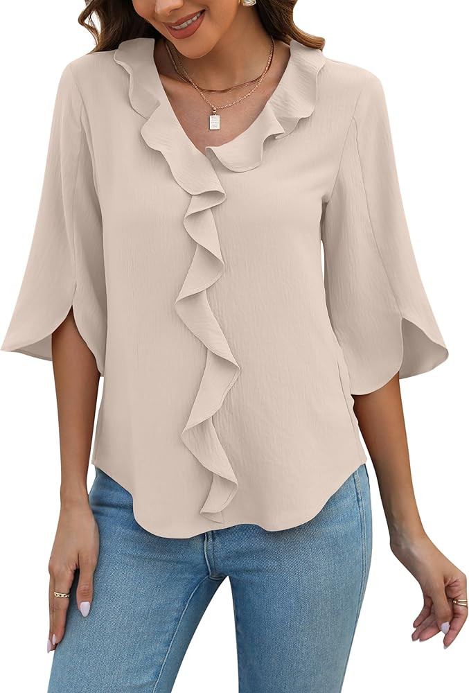 Blooming Jelly Womens Dressy Casual Blouses 3/4 Sleeve V Neck Ruffle Tops Business Ladies Summer ... | Amazon (US)