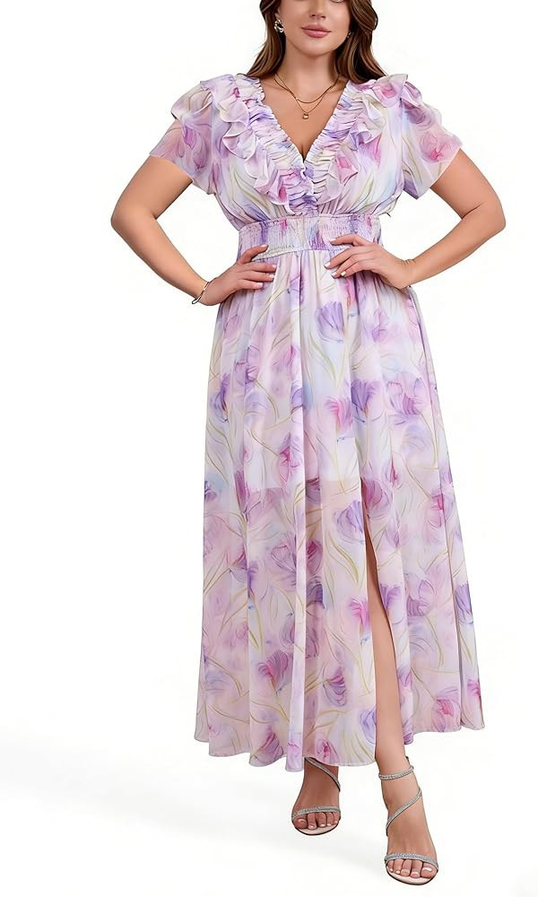 EYWOL Women's Floral Wedding Guest Dresses for Curvy Women, Boho Chiffon Long Dress Casual Flowy ... | Amazon (US)