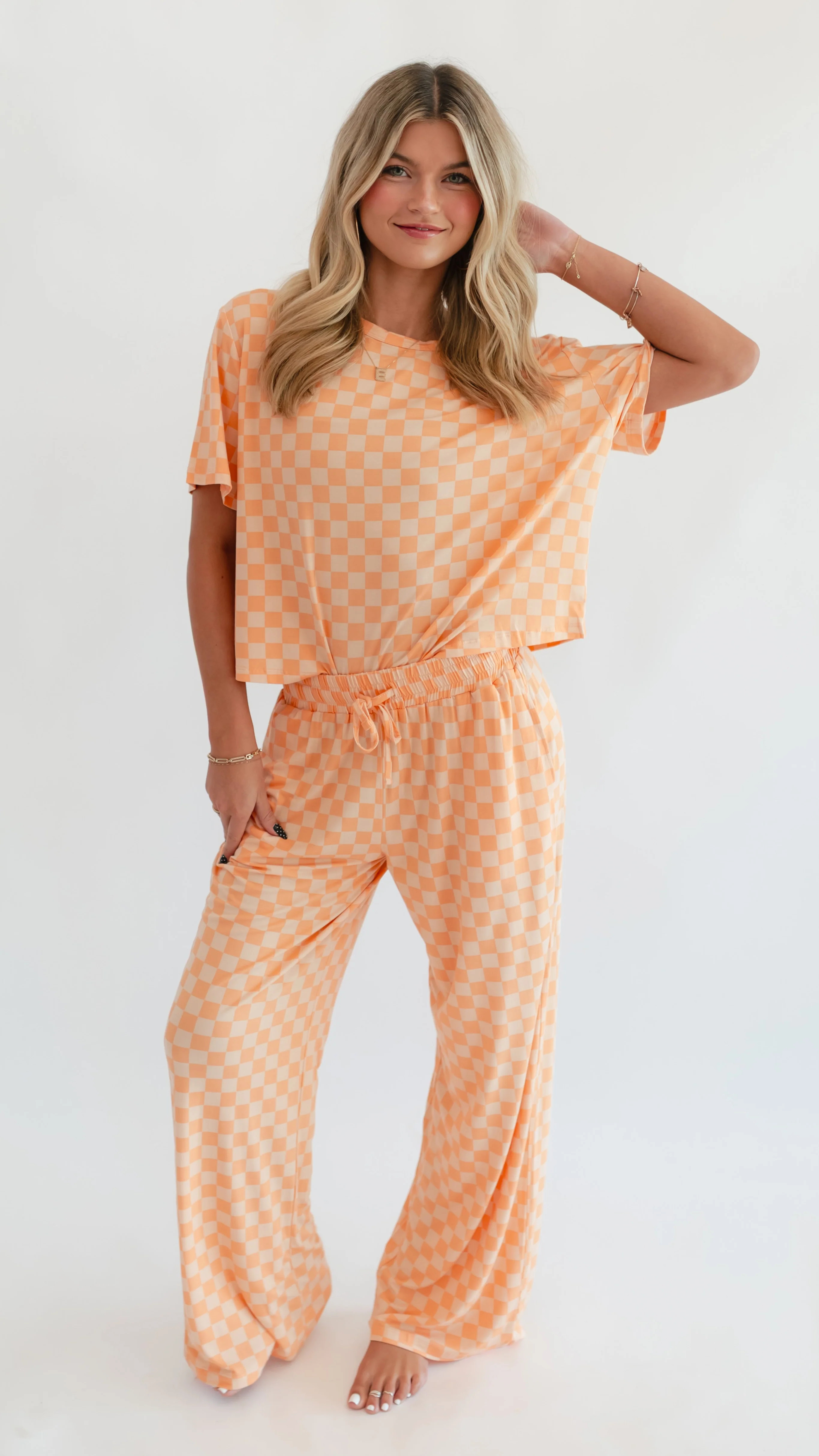 Women's T-Shirt and Pants Set In Orange Checkered | Silks Design