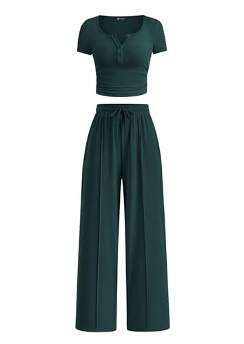 PRETTYGARDEN Womens 2 Piece Outfits Summer 2025 Ribbed Knit Button Short Sleeve Tops Casual Wide Leg Pants Lounge Sets(Dark Green,XX-Large) | Amazon (US)