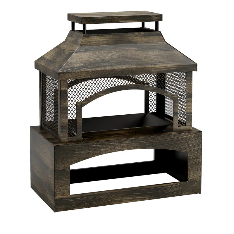37 Inch Outdoor Wood Burning Fireplace with Wood Storage and Fire Poker, Large Metal Fire Pit for... | Wayfair North America